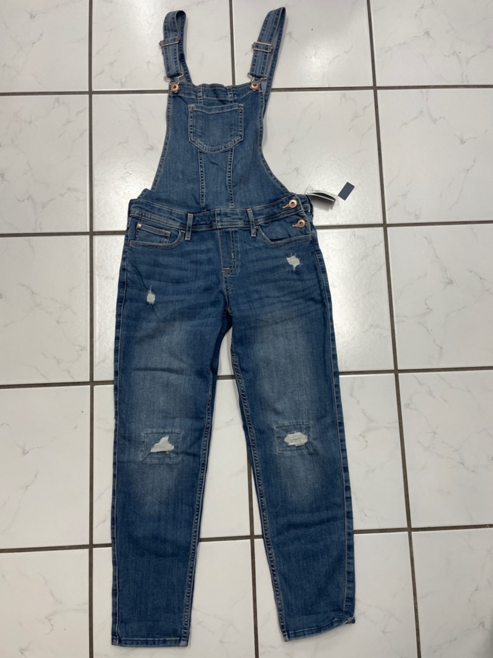 NWT Abercrombie Kids Distressed Blue Denim Stretch Overalls Size 13/14